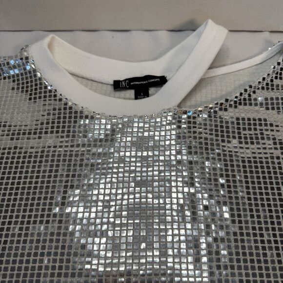 INC International Concepts Sequin Mesh Top Silver Shimmer Party Blouse L - Picture 5 of 10